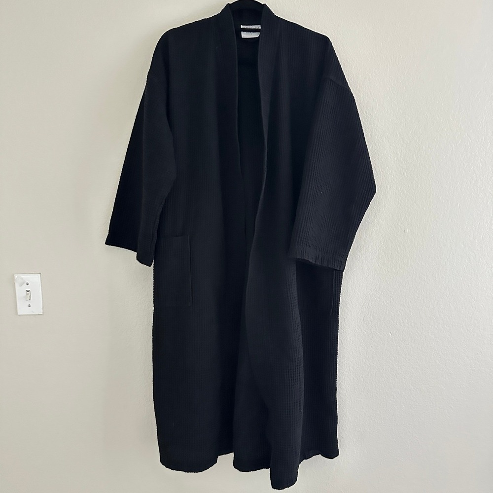 Chakir Turkish Linens Waffle Robe Unisex Large Black Cotton Blend Spa Kimono